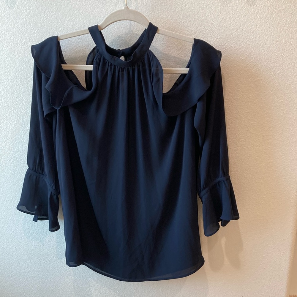 LOFT Blue Ruffled Flutter Sleeve Top